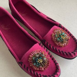 White Mountain Fuchsia Beaded Suede Moccasins